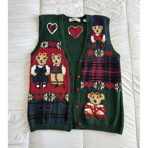 Karen Scott Sweaters - Karen Scott Handknitted Vintage Sweater Vest Large Teddy Bears Hearts Plaid